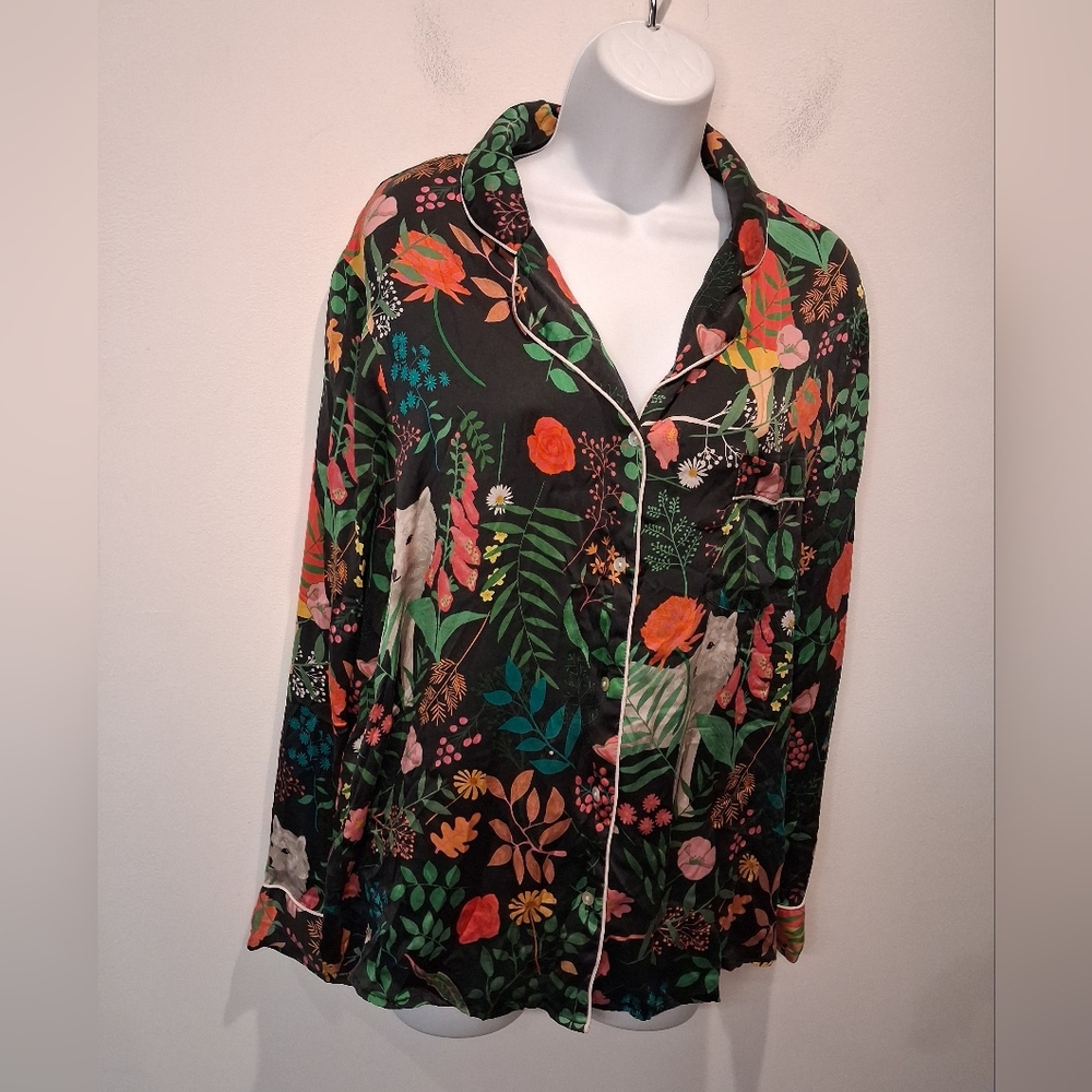 Karen Mabon Size M Silk Forest Wolf Print Pj Top - Picture 2 of 7